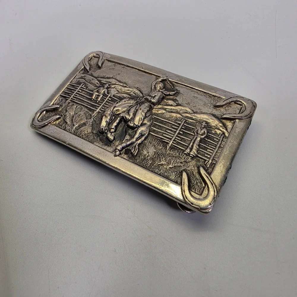 Vintage Brass Rodeo Belt Buckle Western Americana Cowboy Horse Equestrian 90s